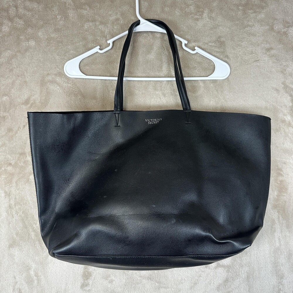 Victoria's Secret Tote Bag Womens Large Black Faux Leather Shoulder Shopper
